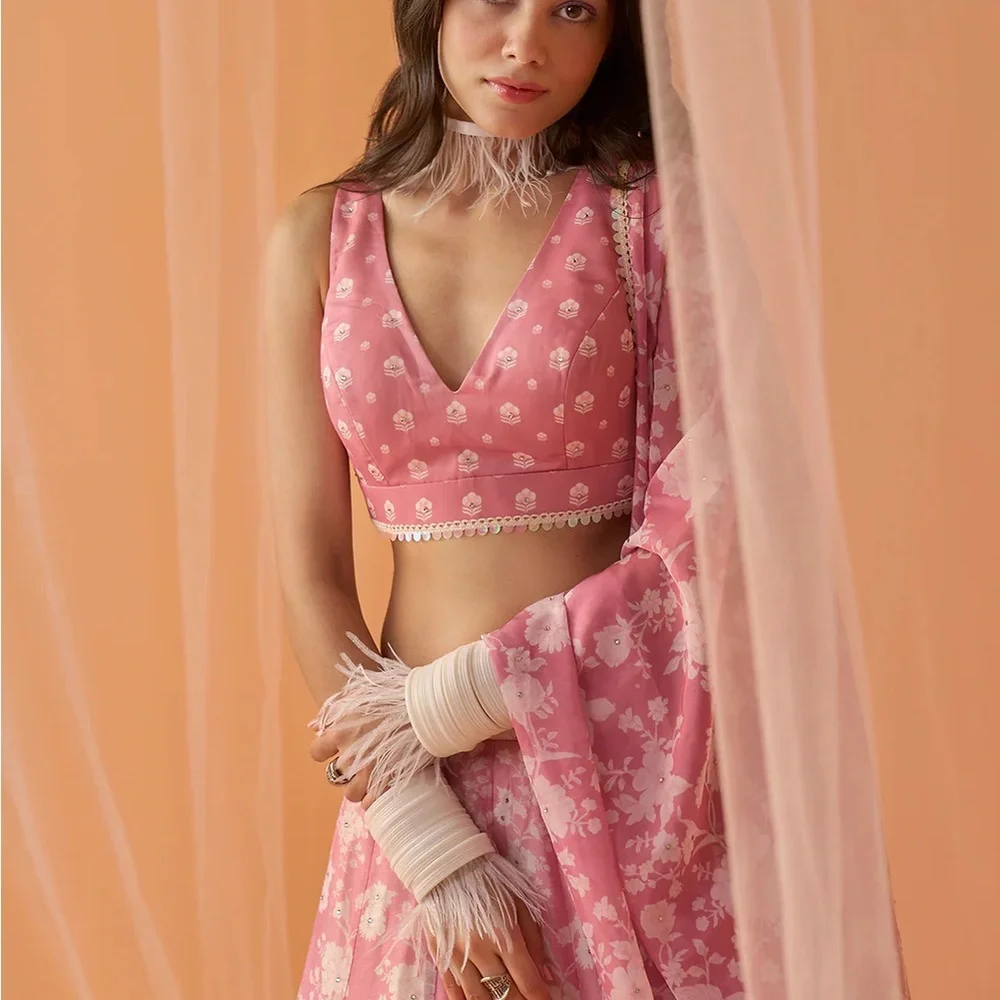 Elegant Pink Floral Lehenga - Picture 2 of 5